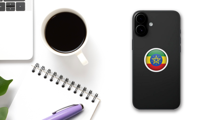 Ethiopia Button Sticker on a Phone (New) example
