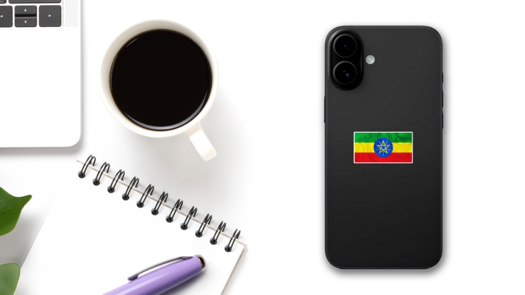 Ethiopia Flag In Wind Sticker on a Phone (New) example