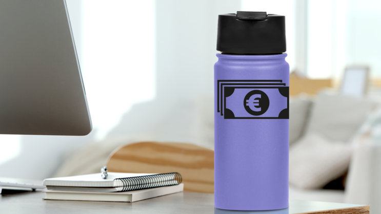 Euro Bills Icon Sticker on a Water Bottle (New) example