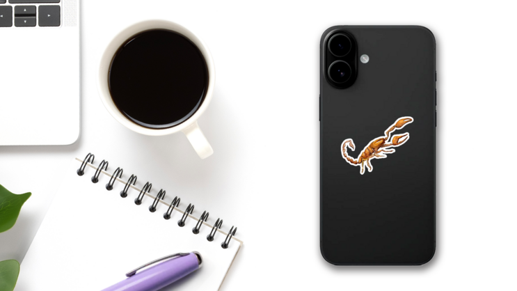 Exotic Red Watercolor Scorpion Sticker on a Phone (New) example