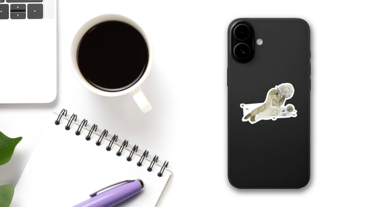 Fanny Illustration Cute Fur Seal With Shell Sticker on a Phone (New) example