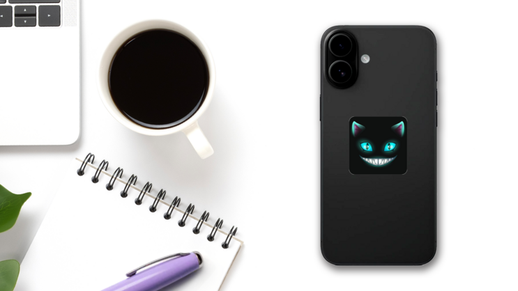 Fantasy Scary Smiling Cat Face Sticker on a Phone (New) example