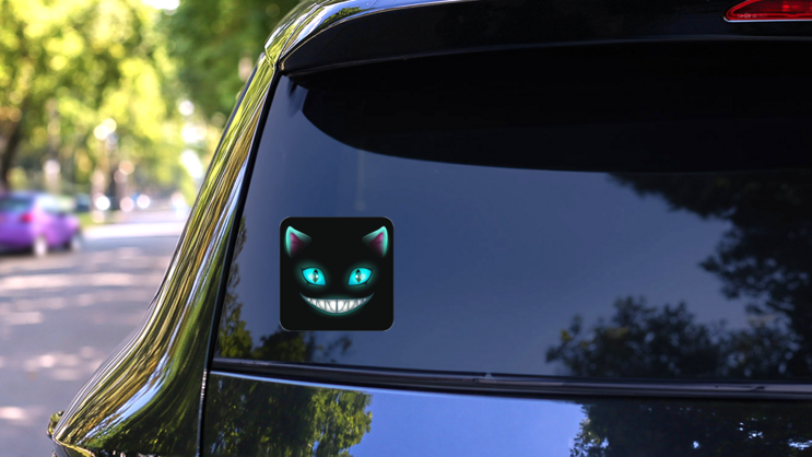 Fantasy Scary Smiling Cat Face Sticker on a Rear Car Window (New) example