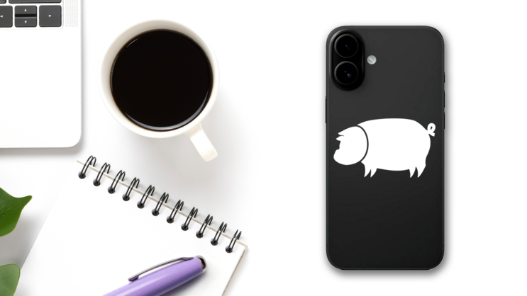 Fat Pig With Curly Tail Facing Left Sticker on a Phone (New) example