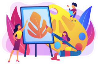 Female Artist At Easel Teaching Children Painting Sticker