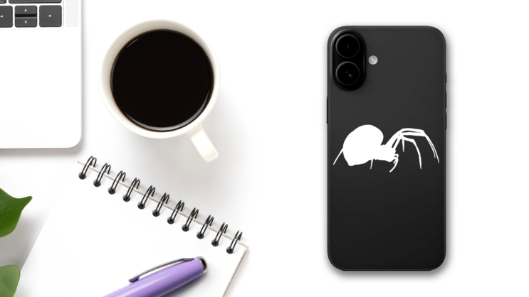 Female Black Widow Spider Sticker on a Phone (New) example