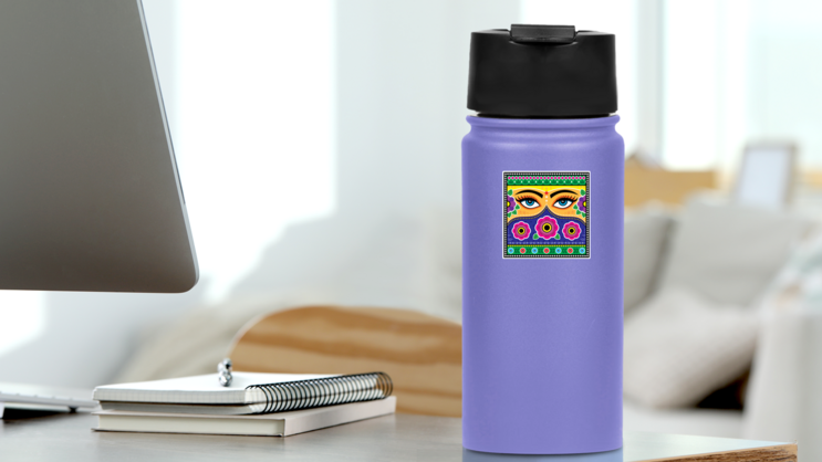 Female Eyes In Floral Abstract Shapes Sticker on a Water Bottle (New) example