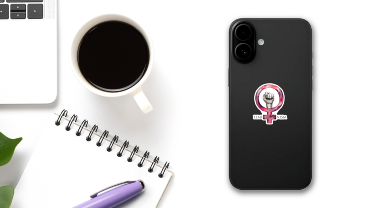 Feminism Watercolor Symbol And Hand In Pink Sticker on a Phone (New) example