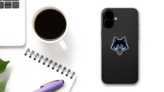 Ferocious Blue Wolf Mascot Sticker on a Phone (New) example