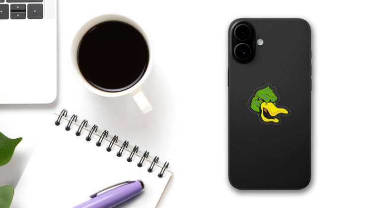 Fierce Duck Mascot Sticker on a Phone (New) example