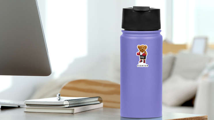 Fighter Slogan With Bear Toy In Boxing Costume Illustration Sticker on a Water Bottle (New) example