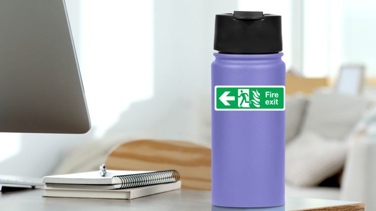 Fire Exit Left Sign Sticker on a Water Bottle (New) example