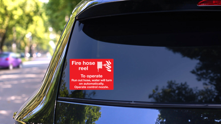Fire Hose Reel Operation Instructions 2 Sign Sticker on a Rear Car Window (New) example