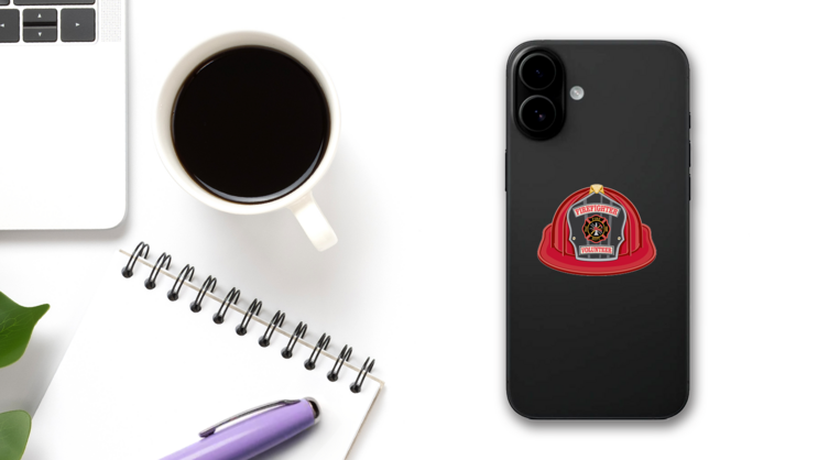 Firefighter Volunteer Helmet Illustration Sticker on a Phone (New) example