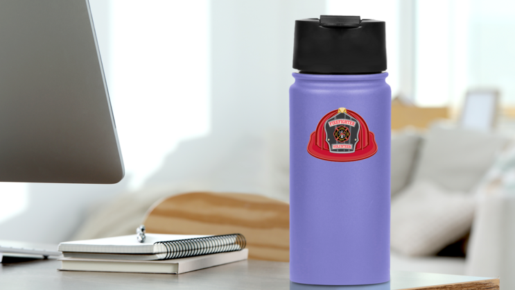 Firefighter Volunteer Helmet Illustration Sticker on a Water Bottle (New) example