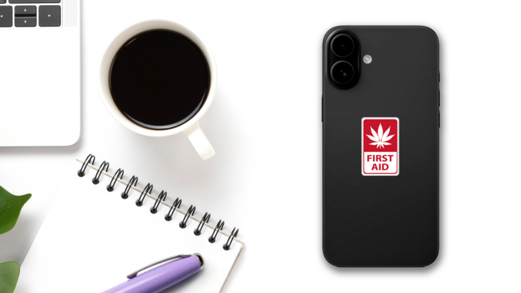 First Aid Marijuana Sticker on a Phone (New) example