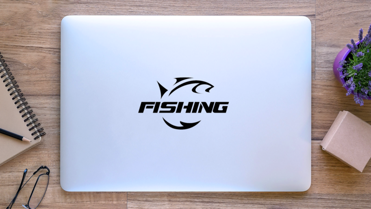 Fishing Hunting Hobby Logo Text Sticker on a Laptop (New) example