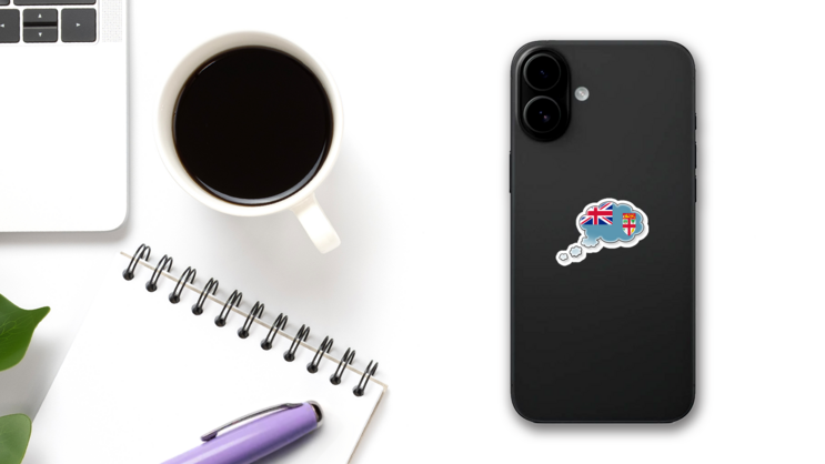Flag Of Fiji In A Thought Cloud Sticker on a Phone (New) example