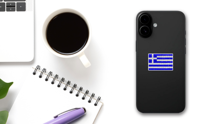 Flag Of Greece Painted On Brick Wall Sticker on a Phone (New) example