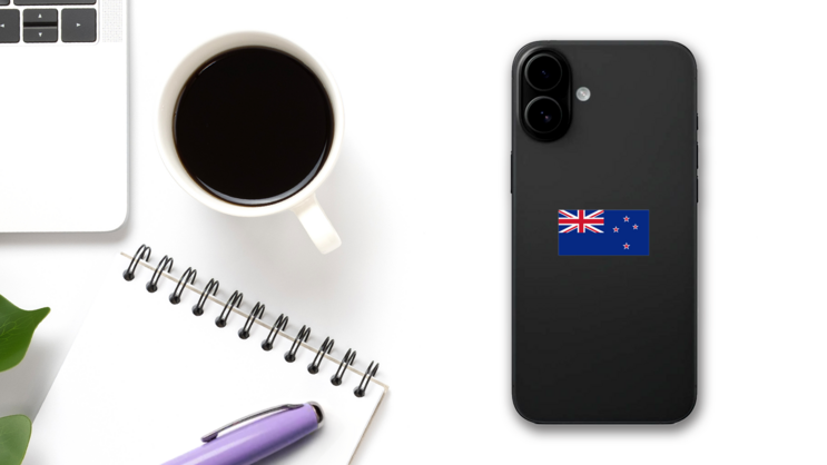 Flag Of New Zealand Sticker on a Phone (New) example