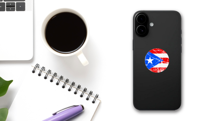 Flag Of Puerto Rico Grunge Sticker on a Phone (New) example