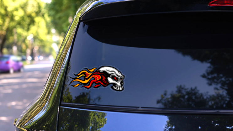 Flaming Skull On Fire Sticker on a Rear Car Window (New) example