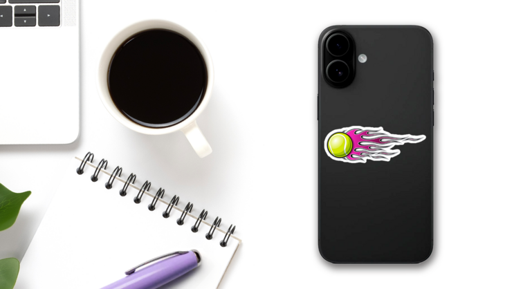 Flaming Tennis Ball Sticker on a Phone (New) example