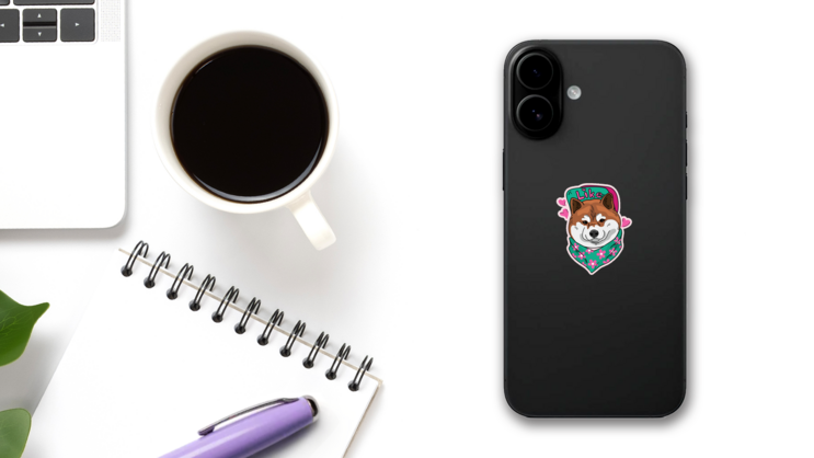 Floral Heart Shiba Inu Sticker on a Phone (New) example