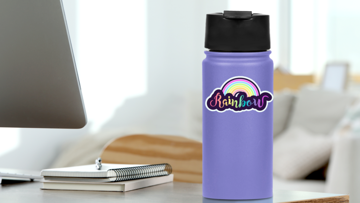 Florescent Rainbow Text Sticker on a Water Bottle (New) example