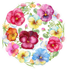 Flower Circle With Violets, Pansies Watercolor Sticker