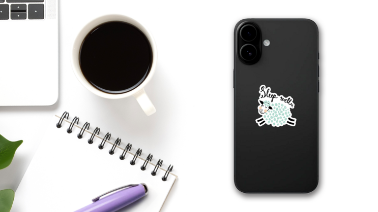 Fluffy Sheep And Sleep Well Hand Lettering Sticker on a Phone (New) example