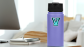 Fluorescent Blue Neon Font Letter V Sticker on a Water Bottle (New) example