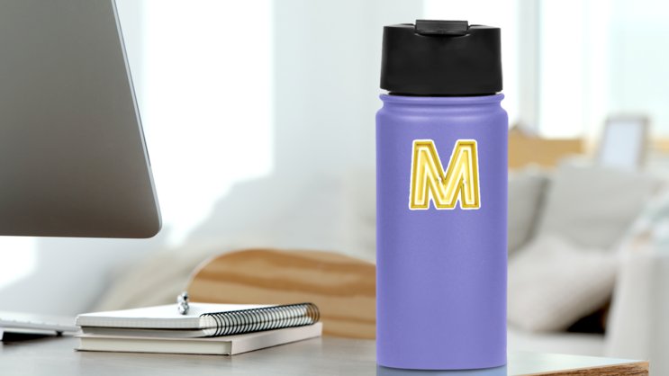Fluorescent Yellow Tubes Letter M Sticker on a Water Bottle (New) example