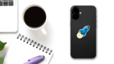 Flying Blue Rocket Sticker on a Phone (New) example