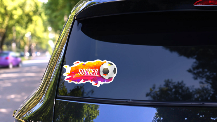 Flying Soccer Ball Low Poly Fire Sticker on a Rear Car Window (New) example