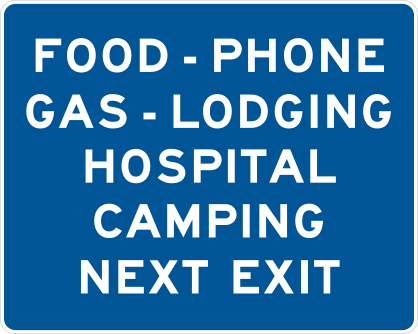 Food, Phone, Gas, Lodging, Hospital, Camping Next Exit Sticker
