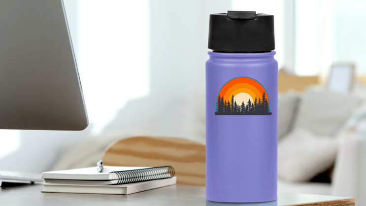 Forest Landscape Trees Silhouettes With Sunset On Background.  on a Water Bottle (New) example
