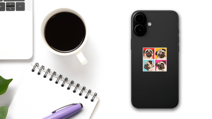 Four Pug Portraits Sticker  on a Phone (New) example