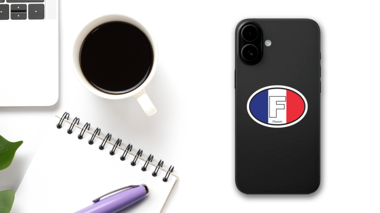 France F Flag Oval Sticker on a Phone (New) example