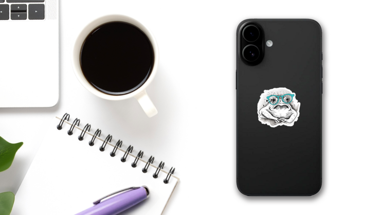 Frog Wearing Glasses Illustration Sticker on a Phone (New) example