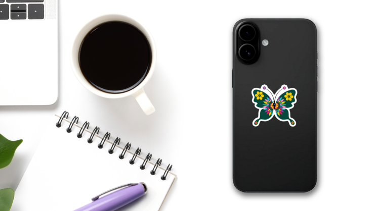 Fun Dark Green Butterfly Sticker on a Phone (New) example