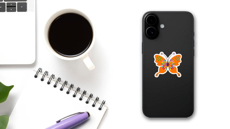 Fun Orange Butterfly Sticker on a Phone (New) example