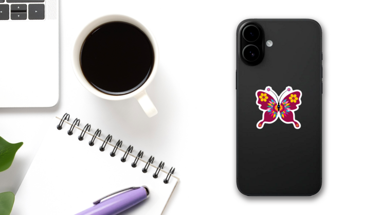 Fun Purple Butterfly Sticker on a Phone (New) example