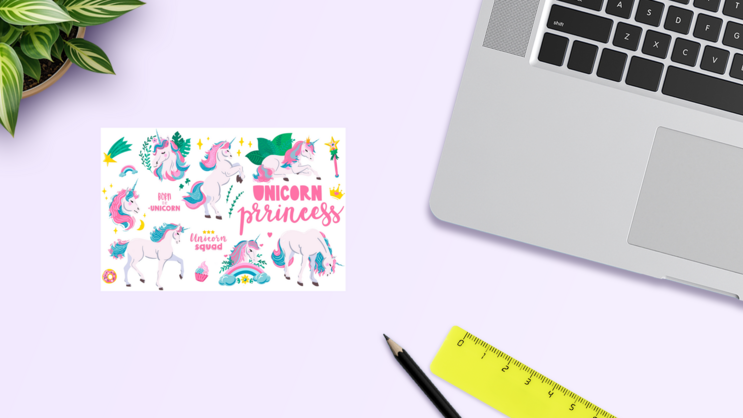 Fun Unicorn Sticker Sheet on a Desk (New) example