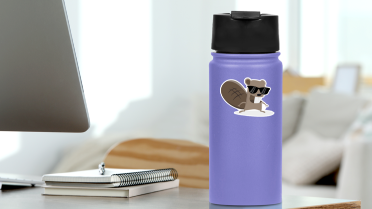 Funny Cartoon Beaver With Sunglasses Sticker on a Water Bottle (New) example