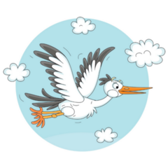 Funny Cartoon Stork Flying In Clouds Sticker