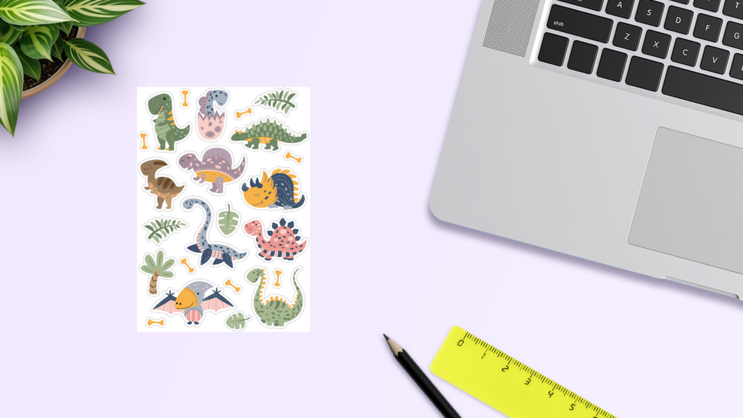 Funny Dinosaurs Sticker Sheet on a Desk (New) example