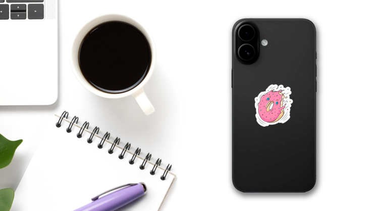 Funny Doodle Donut Character With Pink Glaze Sticker on a Phone (New) example