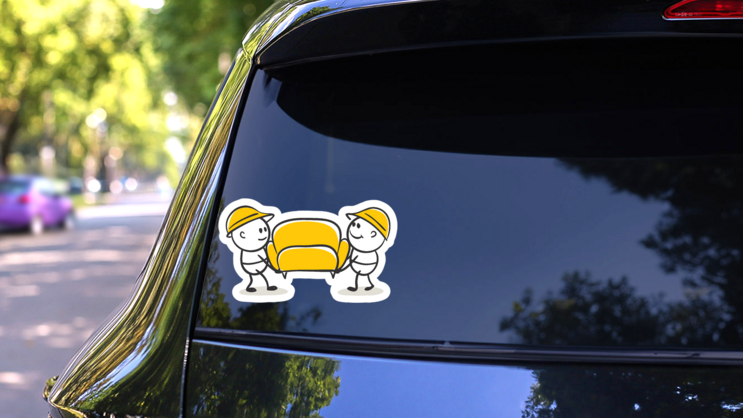 Funny Little Cartoon Mover Men Carry A Sofa Sticker on a Rear Car Window (New) example