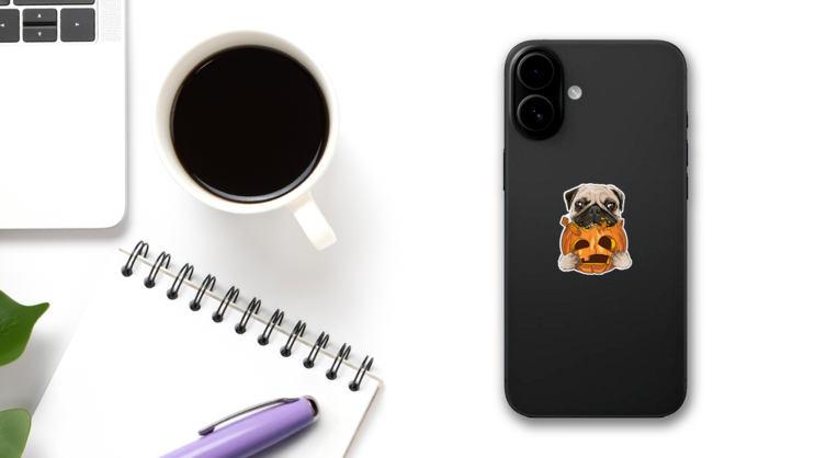 Funny Pumpkin Pug Sticker on a Phone (New) example